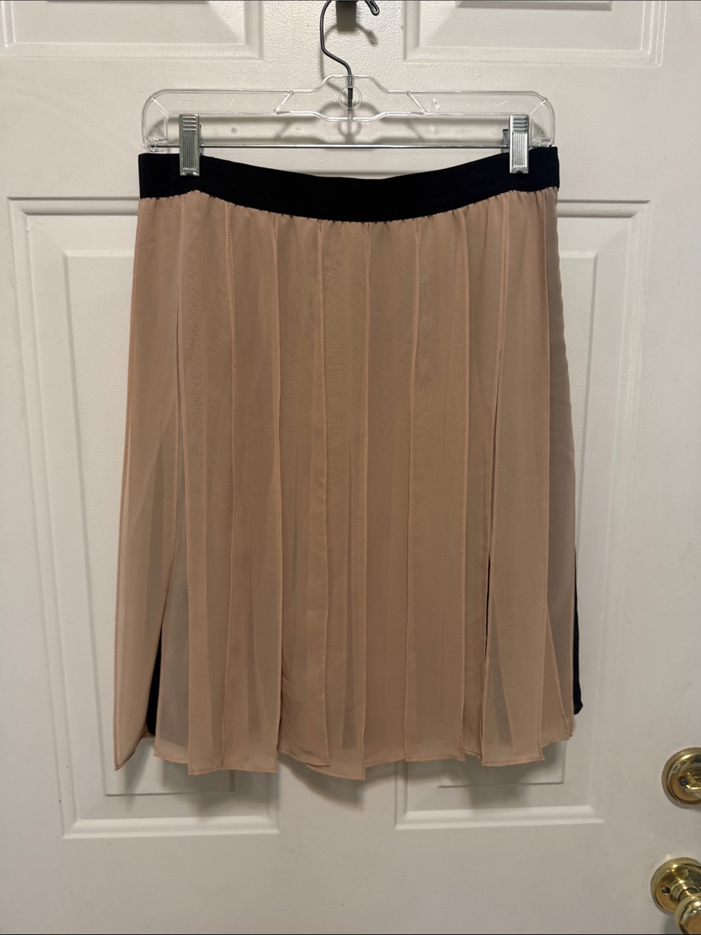 Ann Taylor Beige Pleated Mini Skirt with Black Waistband